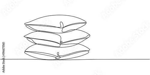 Minimalist continuous one line drawing of stacked pillows, symbolizing rest, comfort, and cozy interior design on white background
