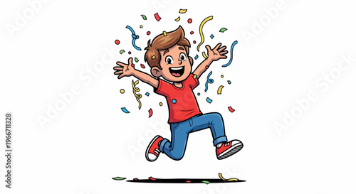 Cartoon boy jumping with arms outstretched amidst colorful confetti on a white background with a joyful mood.