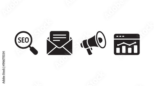 SEO Icon Set Digital Marketing Analytics Email Megaphone and Growth Chart Symbols Isolated on Transparent Background