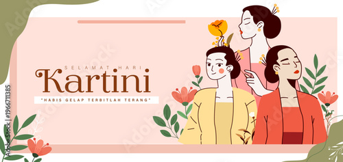 Kartini Day Banner Template with Three Javanese Women with Kebaya  (Indonesian Traditional Dress) Illustration with Floral Background Design