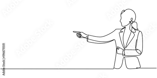 continuous single line of standing business woman showing presentation gesture. Sketch drawing editable stroke vector illustration