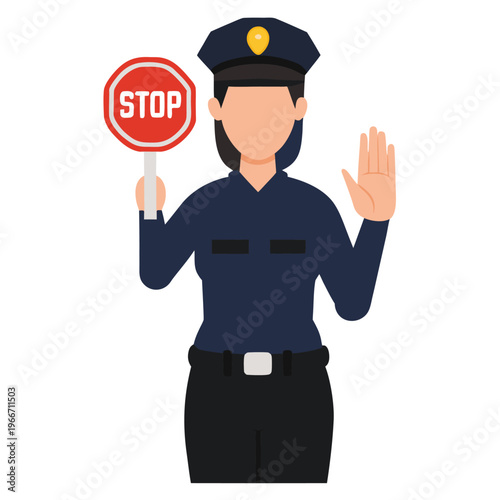 Female law enforcement officer presents a stop road sign with an outstretched hand gesture