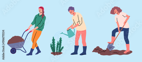 Cartoon Color Farming Life Concept Characters Farmers with Tools Set Flat Design Style. Vector illustration