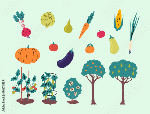 Cartoon Color Farming Life Concept Trees, Fruit and Vegetables Set Flat Design Style. Vector illustration of Pumpkin, Tomato and Radish