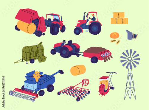 Cartoon Color Farming Life Concept Agricultural Vehicles Set Flat Design Style. Vector illustration of Tractor and Combine