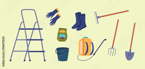 Cartoon Color Farming Life Concept Agricultural Tools Set Flat Design Style. Vector illustration of Bucket, Ladder, Sprayer, Rake and Shovel