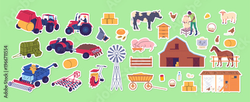 Cartoon Color Farming Life Concept Farmers, Buildings, Tools and Animals Stickers Set Flat Design Style. Vector illustration