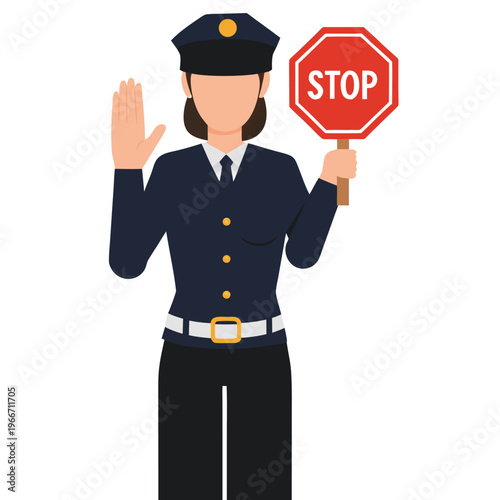 Professional woman police officer raising her hand while holding a clear stop sign