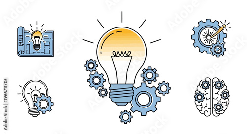 Collection of line art icons depicting ideas, innovation, problem-solving, and creative thinking processes with light bulbs, gears, blueprints, and a brain.