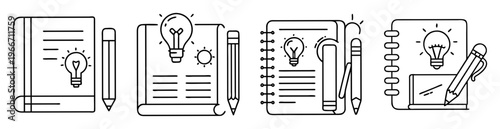 Line art illustration showing concept of creative ideas in notebooks with pencils