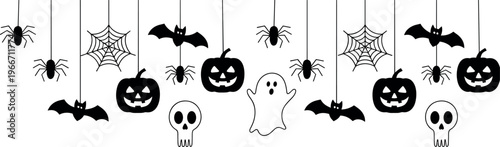 Halloween spooky black icons set with bats pumpkins ghosts spider webs on white background vector illustration