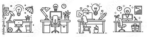 Outline vector illustration showcasing creative workspaces with idea bulb and desk setups