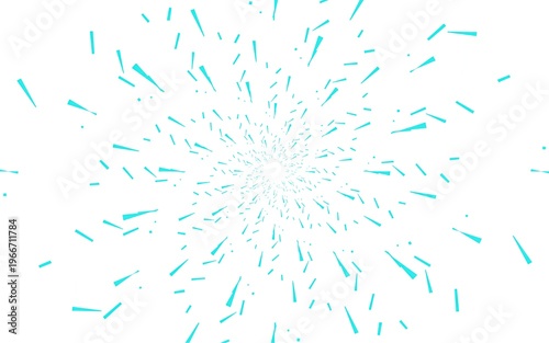 Abstract background with cyan geometric particles exploding from the center isolated on white background