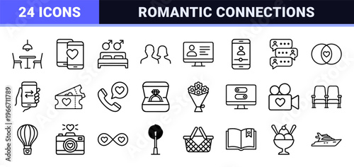 Modern Dating and Romantic Relationship Minimalist Monoline Icon Set featuring Geometric Line Art Symbols for UI UX and App Design.