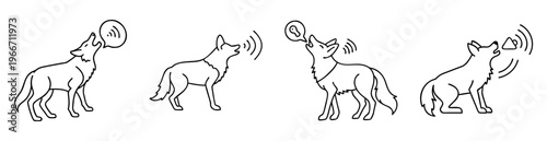 Four outline drawings of wolves howling with different sound representations, minimalistic