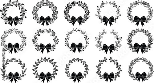 Decorative Floral Wreath Silhouettes with Bows Easter Basket Collections Luxury Perfume Bottles Seahorse Marine Life and Figure Skating Girl in Winter Forest Nature Vector Set