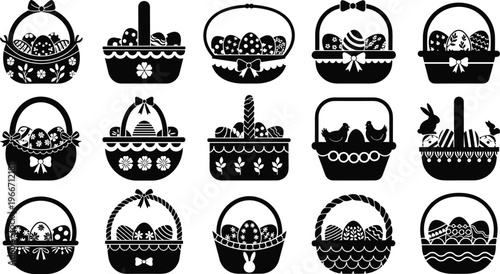 Easter Basket Silhouettes with Decorated Eggs Collection Plus Luxury Perfume Bottles Seahorse Marine Life and Figure Skating Girl in Winter Moonlit Forest Nature Vector Set