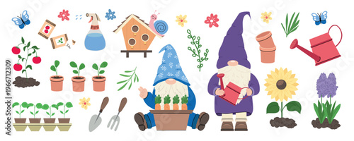 Whimsical gardening gnome collection with flowers and seedlings