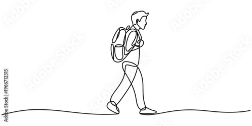 Continuous single line sketch drawing art of college campus student man with bag backpack and stack books. Editable stroke vector illustration