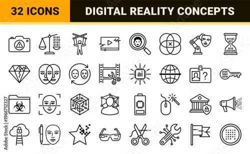 Deepfake Technology and AI Synthetic Media Minimalist Monoline Icon Set for Cybersecurity, Digital Forensics, and Machine Learning Ethics.