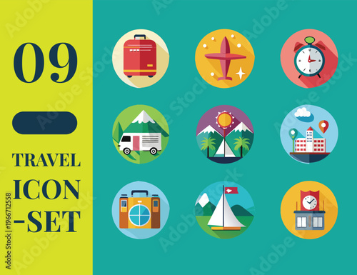 Clean and modern travel icon set featuring essential tourism, transportation, and vacation symbols. Perfect for websites, apps, UI design, presentations, and branding projects related to travel and ad