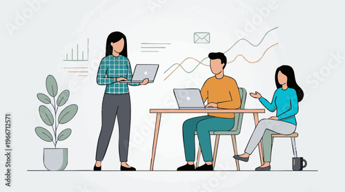 Business team collaborating on projects and analyzing data in office