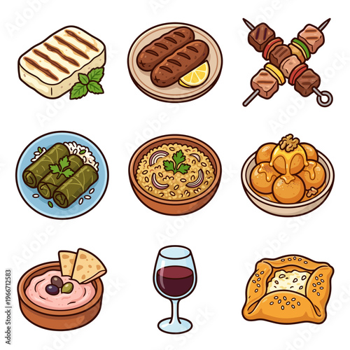 Collection of Greek Mediterranean food icons isolated on white background vector illustration