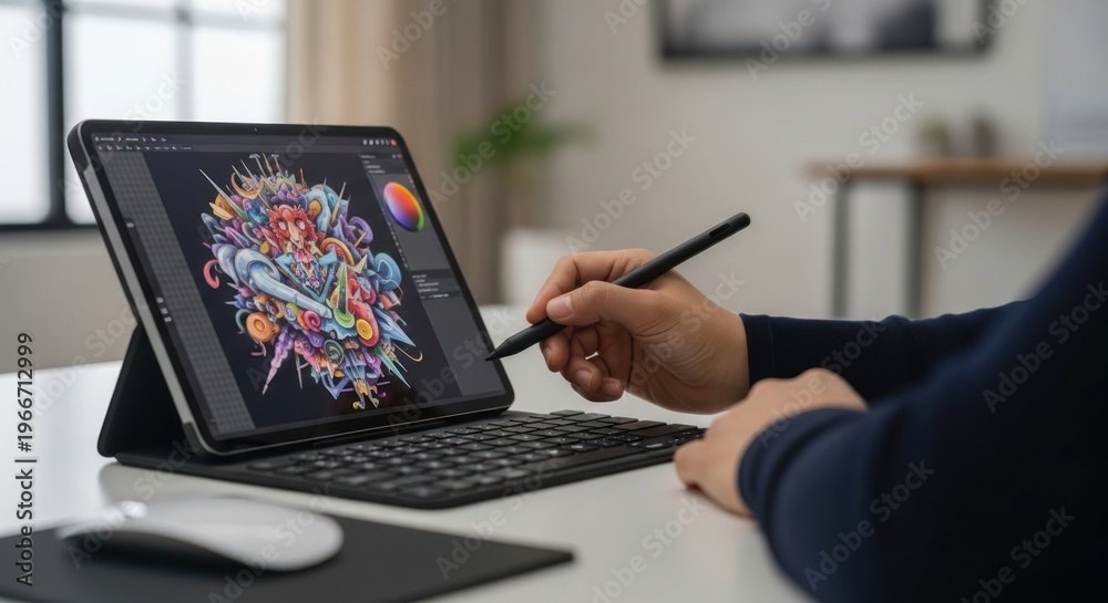 Fototapeta premium Artist using a stylus on a tablet with a colorful digital illustration displayed.