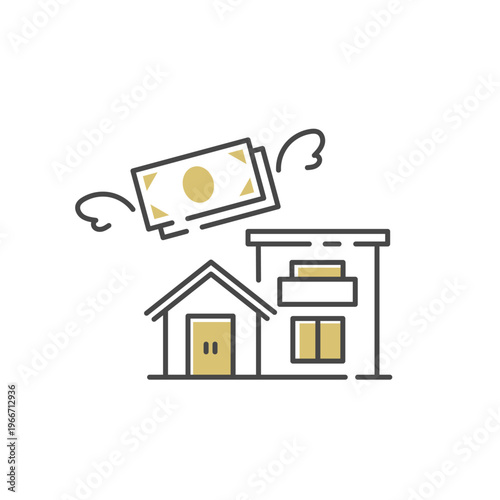 住宅ローン返済をイメージした飛んでいくお金と家のベクターイラスト (線画) Editable stroke