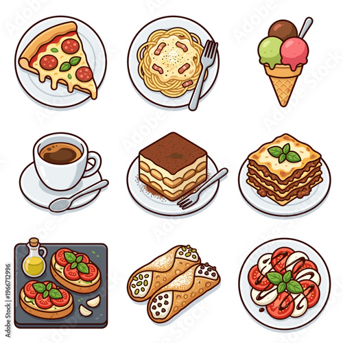 Italian cuisine food icons set featuring pizza pasta desserts and espresso isolated on white vector illustration