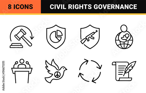 Global Democracy and Civil Rights Minimalist Monoline Icon Set, Professional Geometric Line Art for Governance and Social Justice Projects