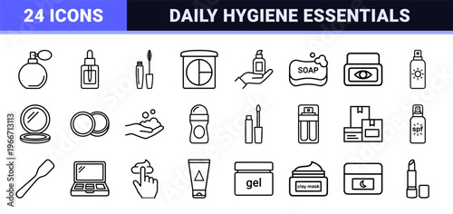 Cosmetic Packaging and Beauty Product Outline Icons Featuring Minimalist Skincare Bottles and Makeup Containers in Geometric Line Art Style