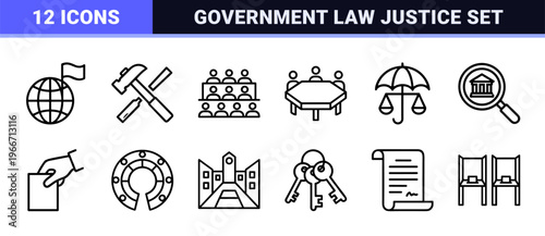 Government and Democracy Line Art Icon Set featuring Minimalist Monoline Symbols for Judicial Systems and Civil Rights Advocacy.