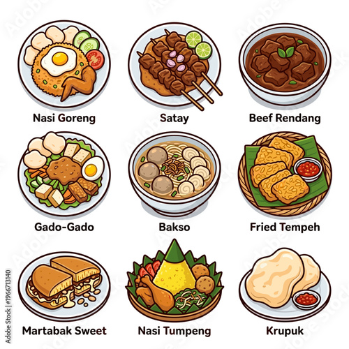 Popular Indonesian traditional food dishes collection set cartoon vector illustration