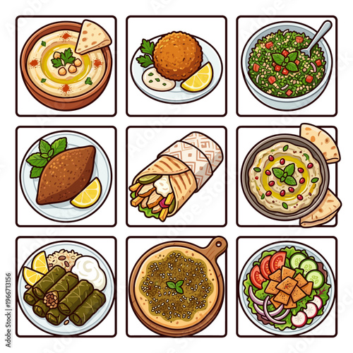 Middle Eastern and Mediterranean cuisine dishes set isolated on white background vector illustration