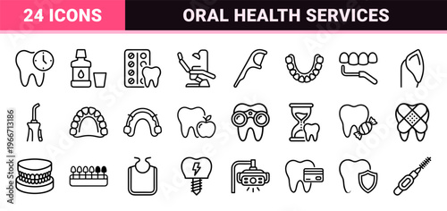 Dental Care and Oral Hygiene Minimalist Geometric Line Art Outline Symbols for Stomatology Orthodontics and Clinical Dentistry Services