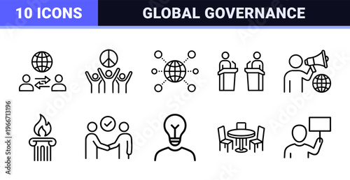 Democracy and Civil Rights Minimalist Monoline Geometric Line Art for Legislative Processes, Global Governance, and Human Rights Advocacy.