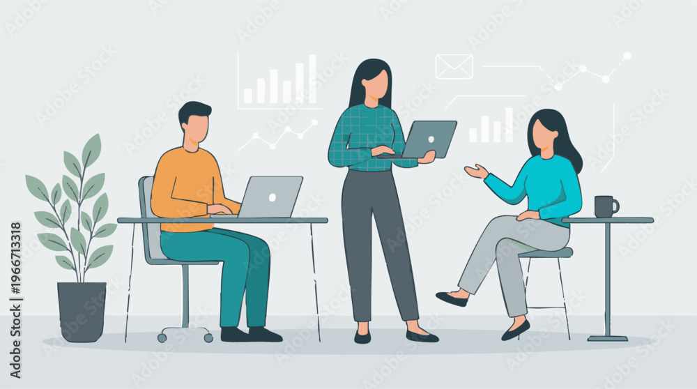Fototapeta premium Business team collaborating in a modern office with data analytics visuals