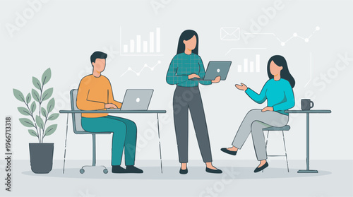 Business team collaborating in a modern office with data analytics visuals