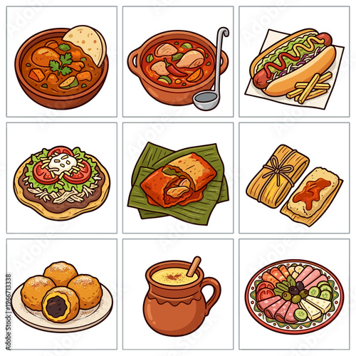 Set of traditional Guatemalan food icons including tamales and pepian vector illustration