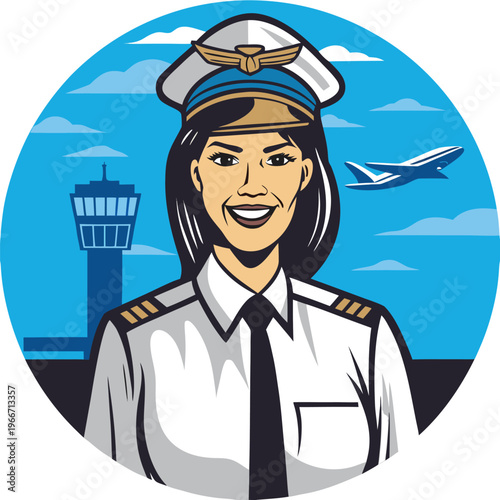 Confident female pilot illustration smiling brightly in front of an airport control tower and flying airplane