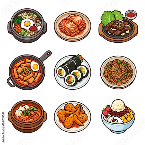 Set of traditional Korean food dishes in cute sticker style vector illustration