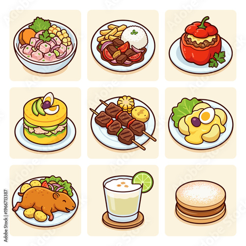 Set of traditional Peruvian cuisine food and drink icons vector illustration
