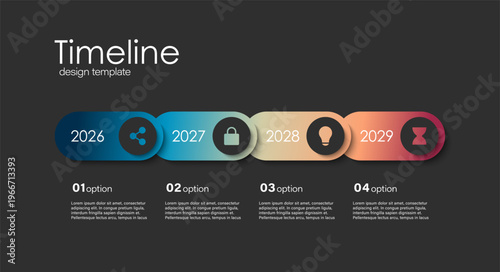 A progress bar with four elements representing the four stages of a business strategy and progress.  Timeline infographic design template