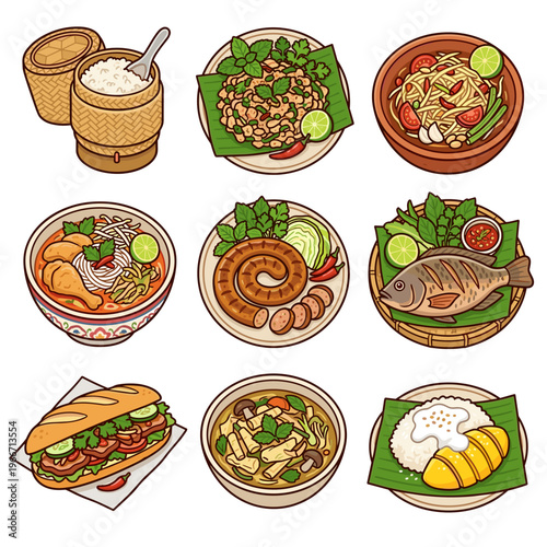 Thai and Southeast Asian street food dishes collection featuring Som Tum and Mango Sticky Rice vector illustration