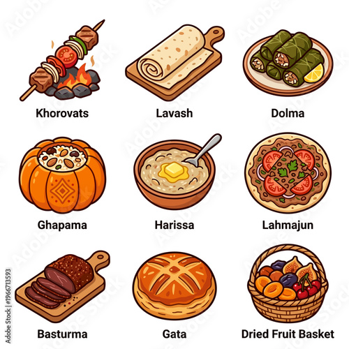 Traditional Armenian food collection featuring khorovats dolma and lavash vector illustration