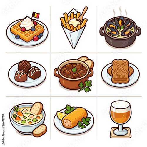 Traditional Belgian food and drink collection including waffles and fries vector illustration