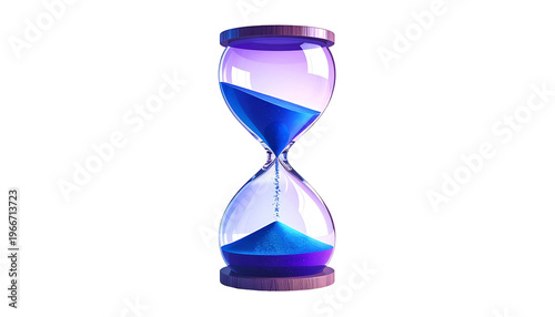 Glowing blue sand descends within an ornate glass hourglass on a solid black background