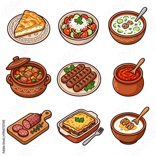 Traditional Bulgarian and Balkan cuisine dishes set isolated on white vector illustration