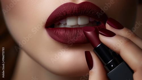 A hyper-realistic close-up of a woman's lips, coated with matte deep burgundy lipstick, reflecting soft light for a rich and luxurious effect. 